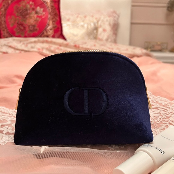 Dior Navy Velvet Double-Zip Cosmetic Pouch with Embossed CD - Picture 2 of 11